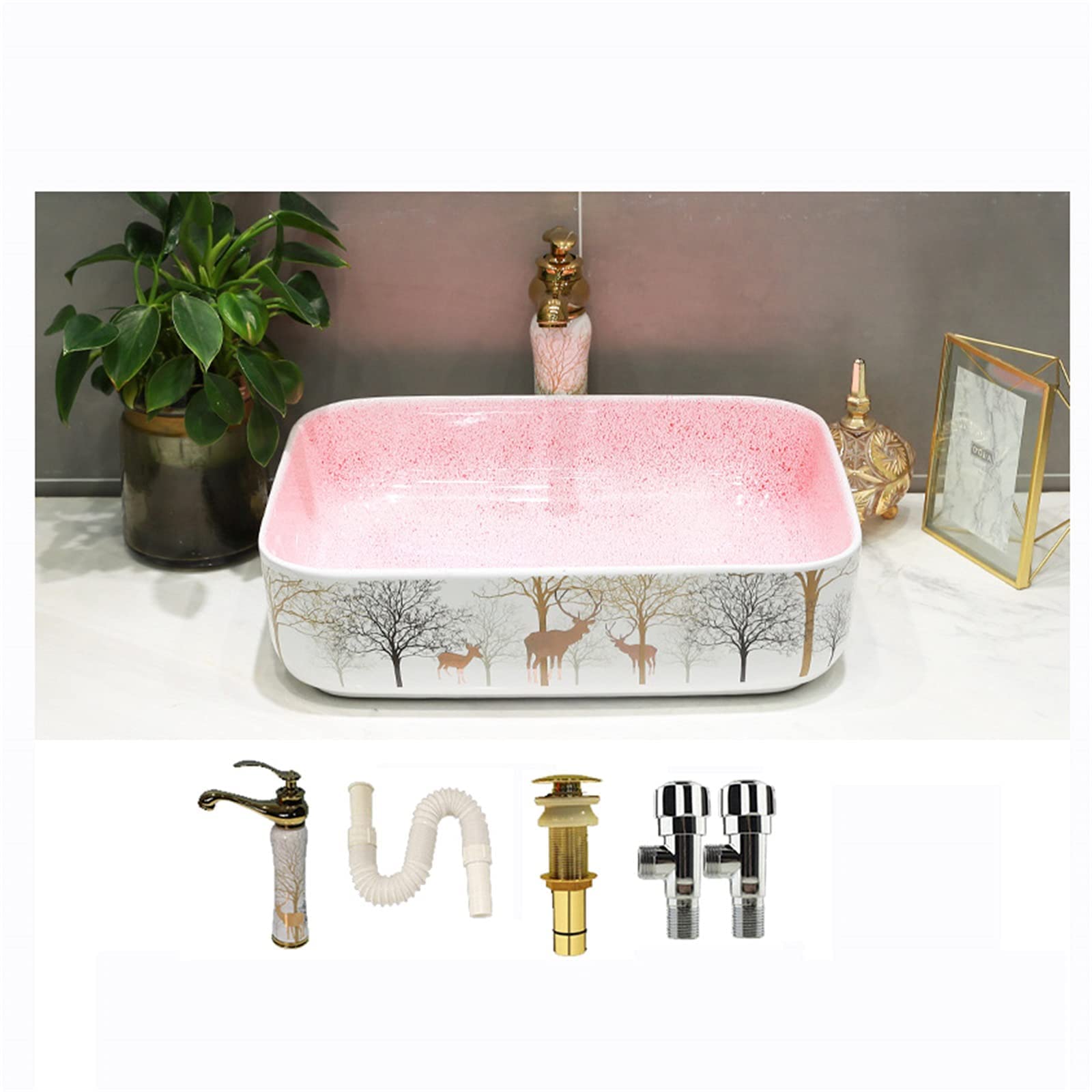 Lavabo rectangular de cerámica para encimera, lavabo de baño con grifo y desagüe, grifo de un solo agujero de arte europeo incluido