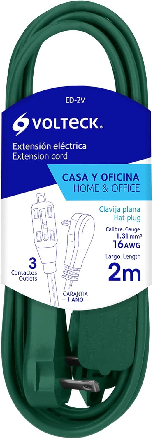 Volteck ED2V, Extensión eléctrica doméstica, 2 m, verde, Volteck