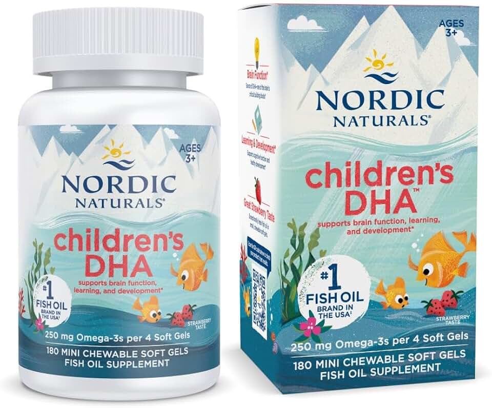 Nordic Naturals Children’s DHA, Strawberry - 180 Mini Chewable Soft Gels for Kids - 250 mg Omega-3 with EPA &amp; DHA - Brain Development &amp; Function - Non-GMO - 45 Servings