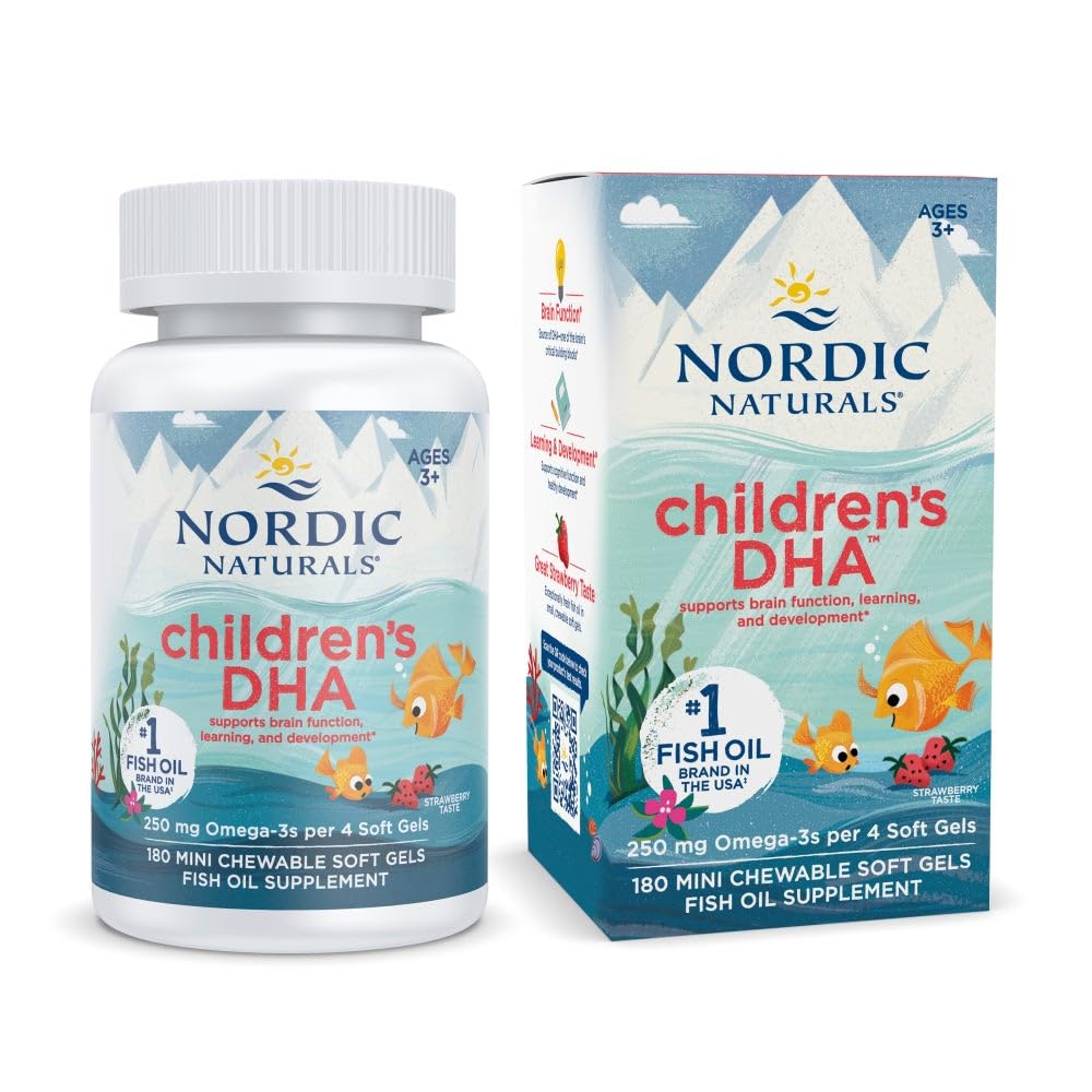 Nordic Naturals Children’s DHA, Strawberry - 360 Mini Chewable Soft Gels for Kids - 250 mg Omega-3 with EPA & DHA - Brain Development & Function - Non-GMO - 90 Servings