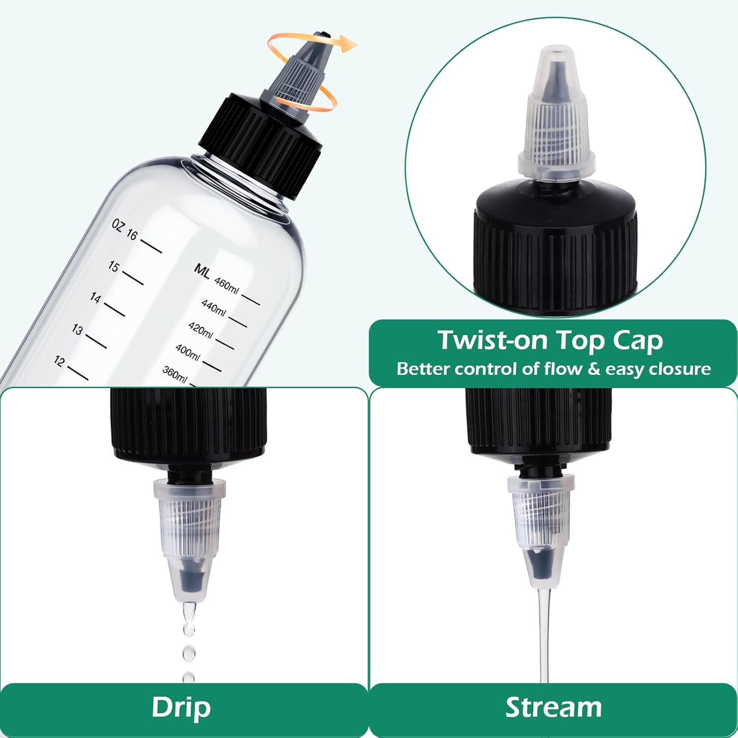 24 Pcs 16oz Plastic Squeeze Bottles Bulk Large Hair Oil Dye Applicator Plastic Dispensing Bottle Empty Squeeze Graduated with Twist Top Cap Clear Measurement for Scale Liquids Inks Sauces