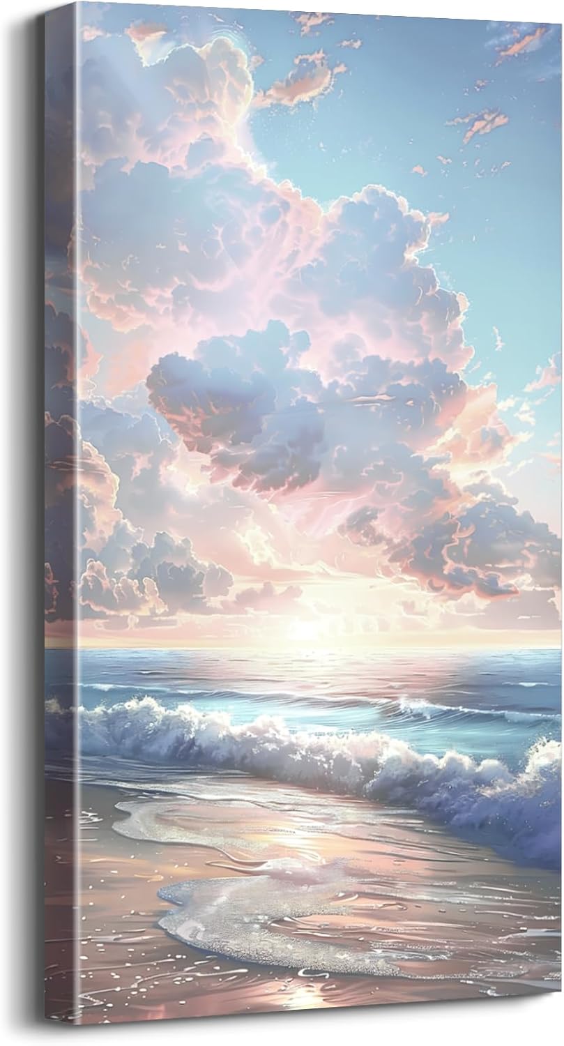 24x48 Inch Framed Beach Sunset Wall Art Coastal Landscape Canvas Print with Waves and Palm Trees Ocean Seaside Wall Decor for Living Room Bedroom Bathroom Office Hallway