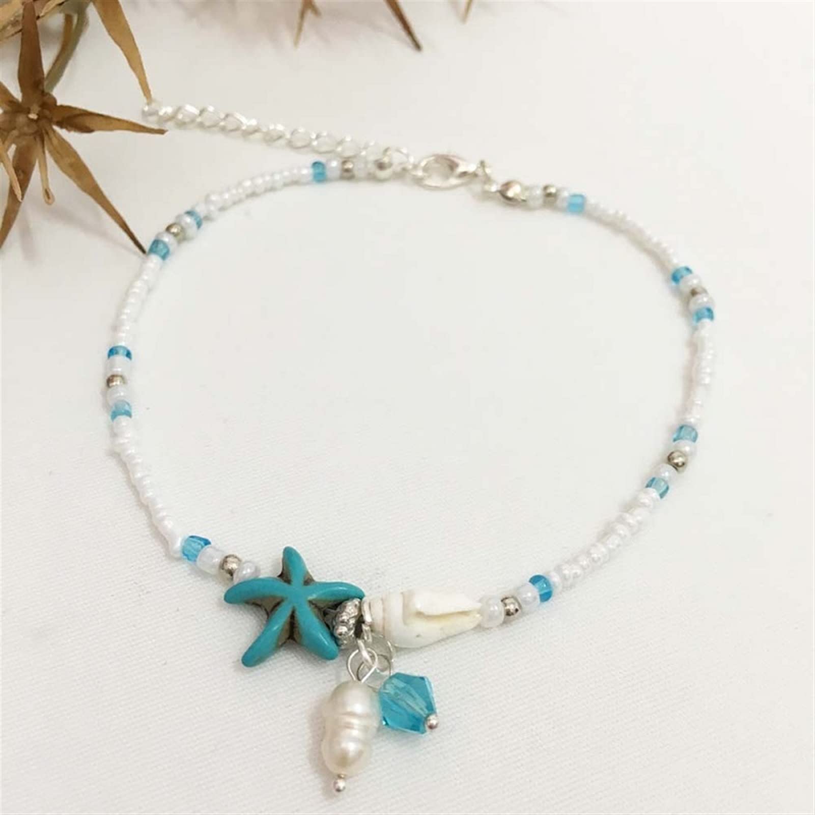 Fußkettchen/Fußkettchen Einfache Reisperlen-Seestern-Fußkettchen Strand-Yoga-Armband Fußdekoration Schönes Trend-Fußkettchen (ca. 25 cm) Fußkettchen (Farbe: Blau)