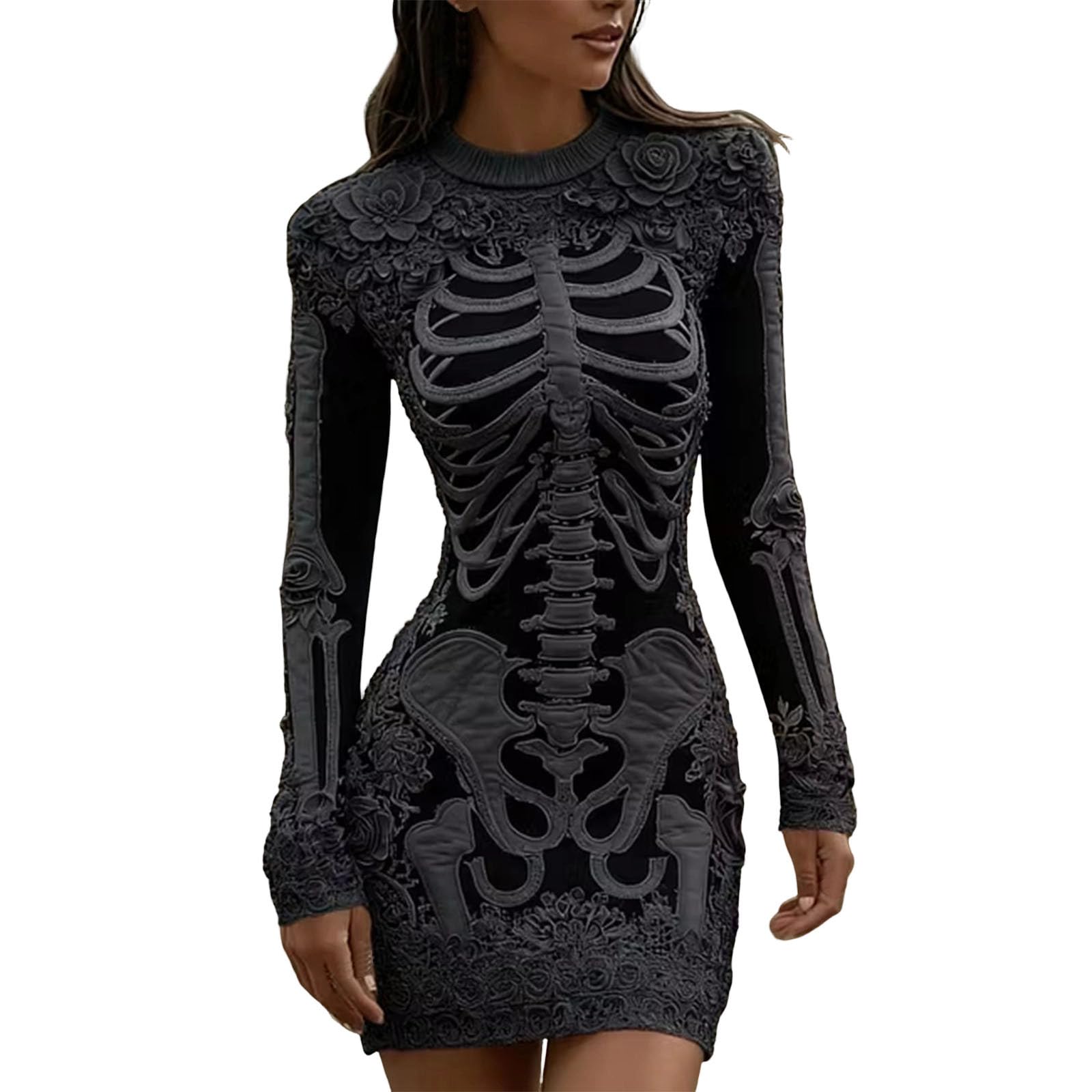 Women Halloween Costume Vintage Long Sleeve Crew Neck Gothic Mini Dress — image 1