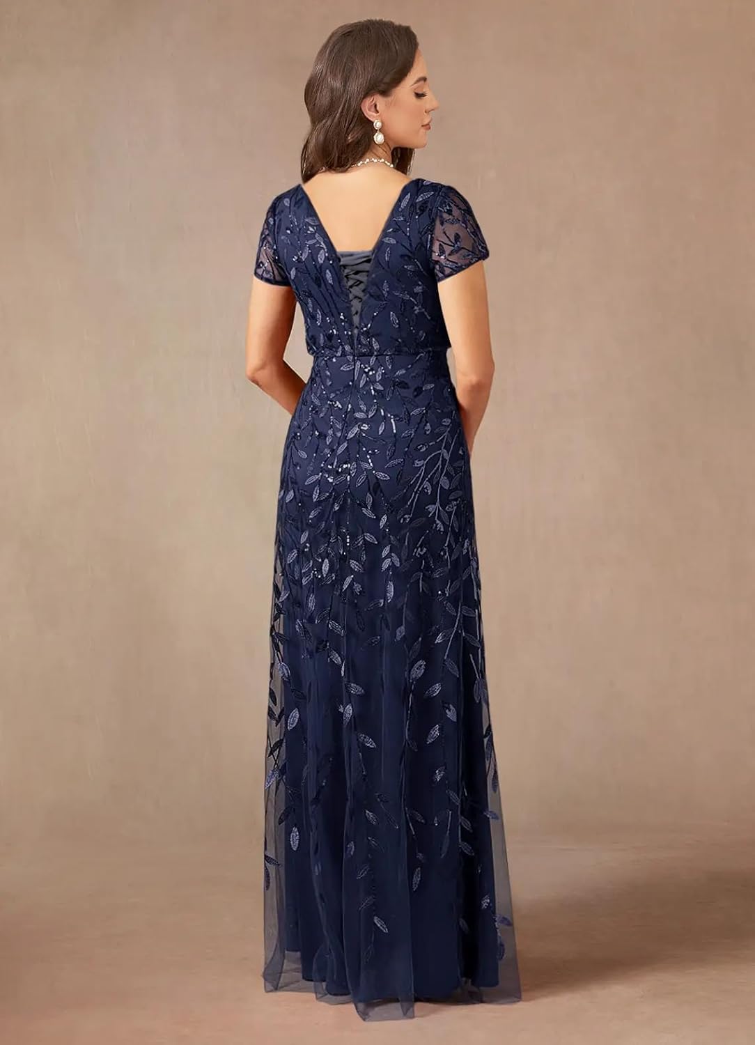 Short Sleeve Mother of Bride Dresses for Women Long A-Line Sequin Laces Formal Evening Gown - Image 2
