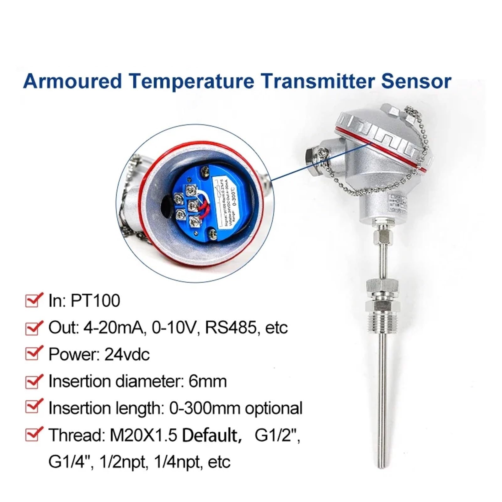 Termopara pancerna PT100 J Przetwornik temperatury typu K M20X1,5 Rezystancja termiczna TC Czujnik RTD 0-5V RS485(-100-150degre 4-20mA)