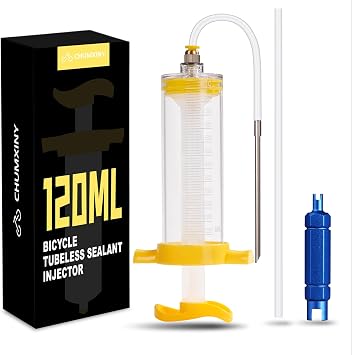 CHUMXINY Tubeless Sealant Injector,120 ML Tire Sealant Injector with Push-in Metal Connector for Presta Schrader Valve