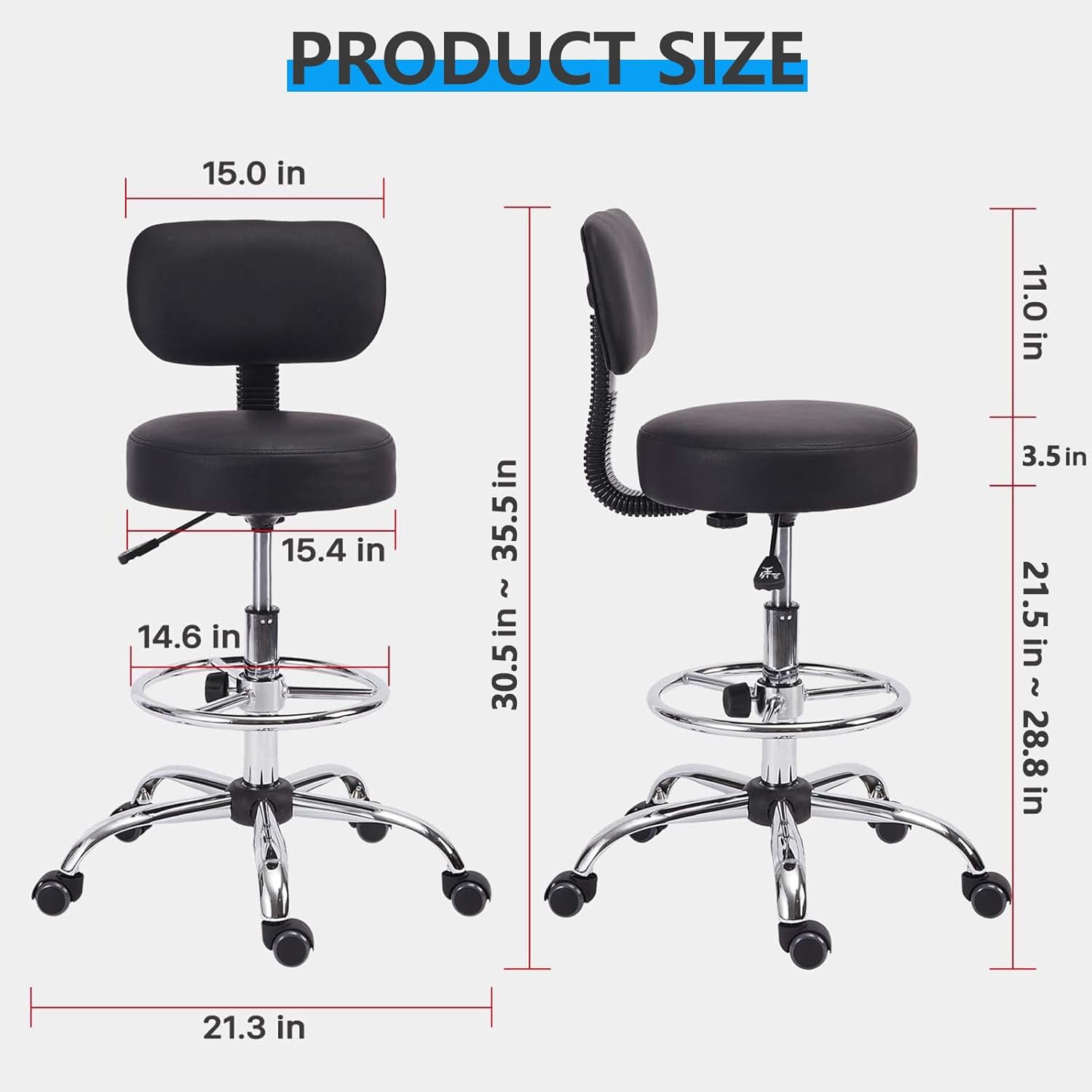 KLASIKA Drafting Swivel Chair with Back Support and Adjustable Footrest Rolling Stool, Multi-Purpose Office Desk Chair for Bar Kitchen Shop, Black