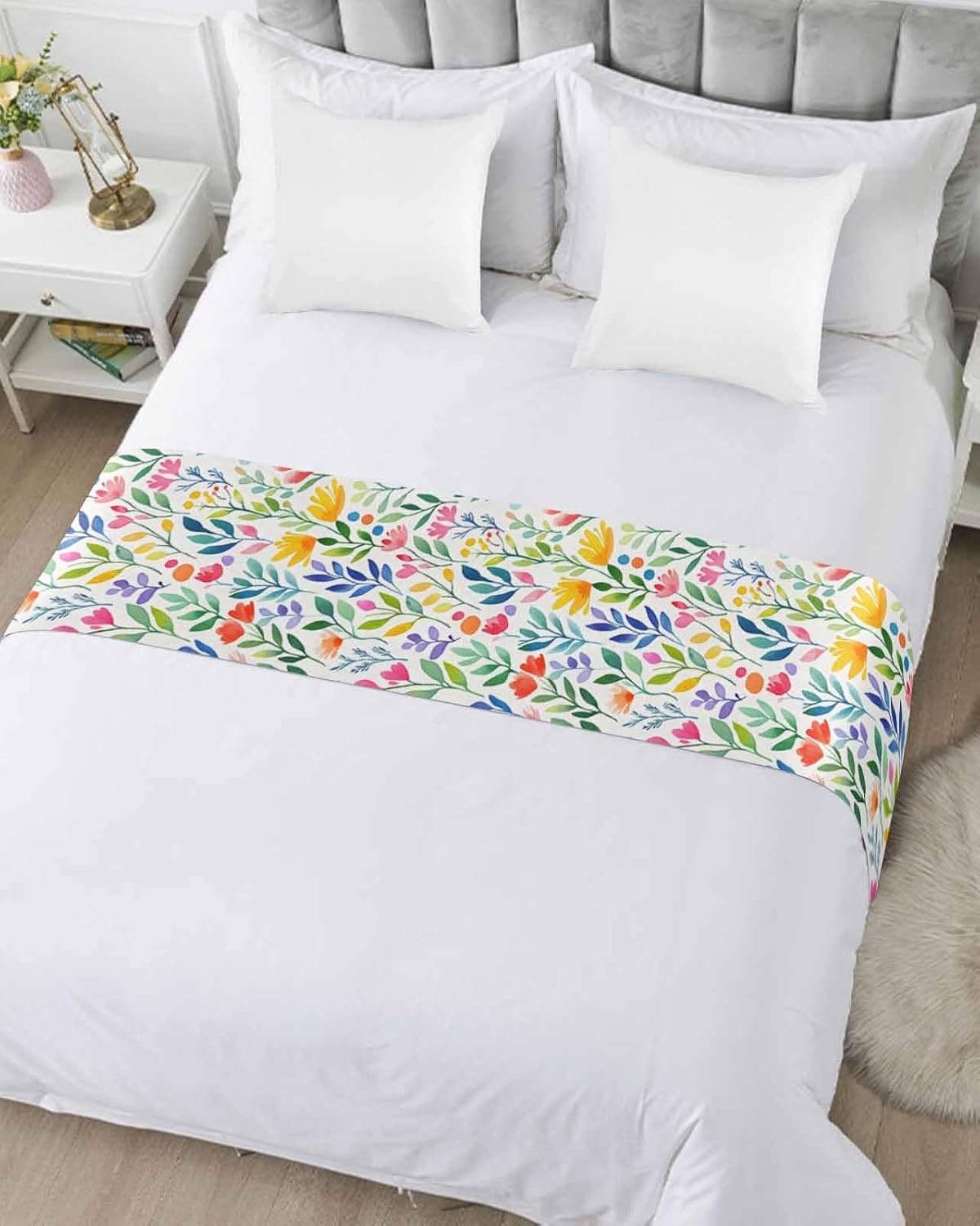 Watercolor Botanical Leaves Floral Bed Runners for Bedroom Hotel,Decorative Bedding Scarf Astract Colorful Plant Bed End Blanket Bedding Runner Scarves for Queen Size Bed,94x20in