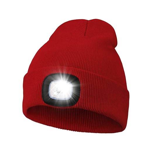 MELASA Unisex LED Beanie with Light, USB Rechargeable Hands Free LED Headlamp Hat, Knitted Night Light Beanie Cap Flashlight Hat, Men Gifts for Dad Father Husband (Red)