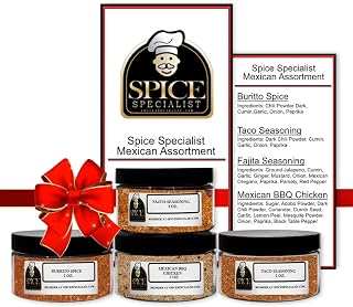 Mexican Assortment Set - STILL ARRIVES BY CHRISTMAS EVE or SOONER - Contains: 4 Assorted Plastic Jars (1 each of: Burrito Spice, Taco Seasoning, Fajita Seasoning, and Mexican BBQ Chicken.)