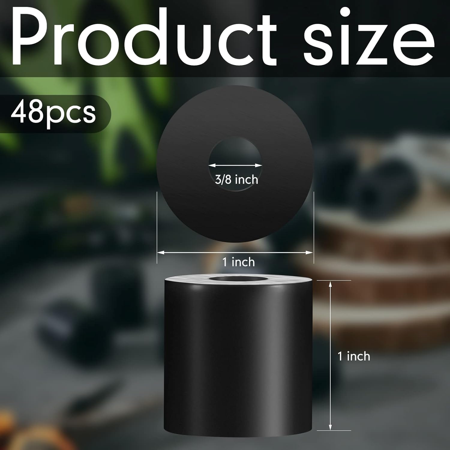 Boao 48 Pack Multi Purpose Rubber Spacer 1 Inch OD x 3/8 Inch ID x 1 Inches Thickness Rubber Bushing Anti Vibration Spacer Black Round Neoprene Washers for Home and Car Accessories