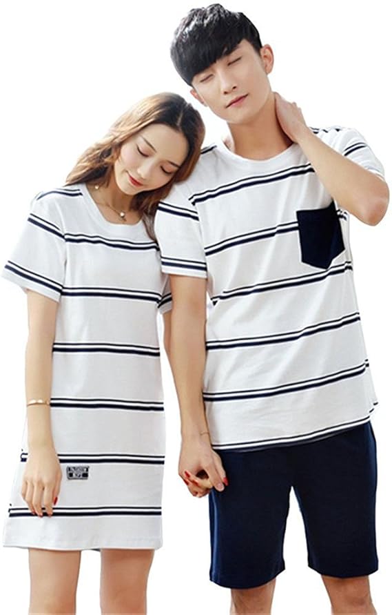 Amazon Co Jp Unopro ペアパジャマ 半袖 ルームワンピース ペアルック 夏 綿 ペア カップル パジャマ ルームウェア 部屋着 寝巻き レディース メンズ コットン カップル お揃い 服 上下セット 女m 男l ファッション