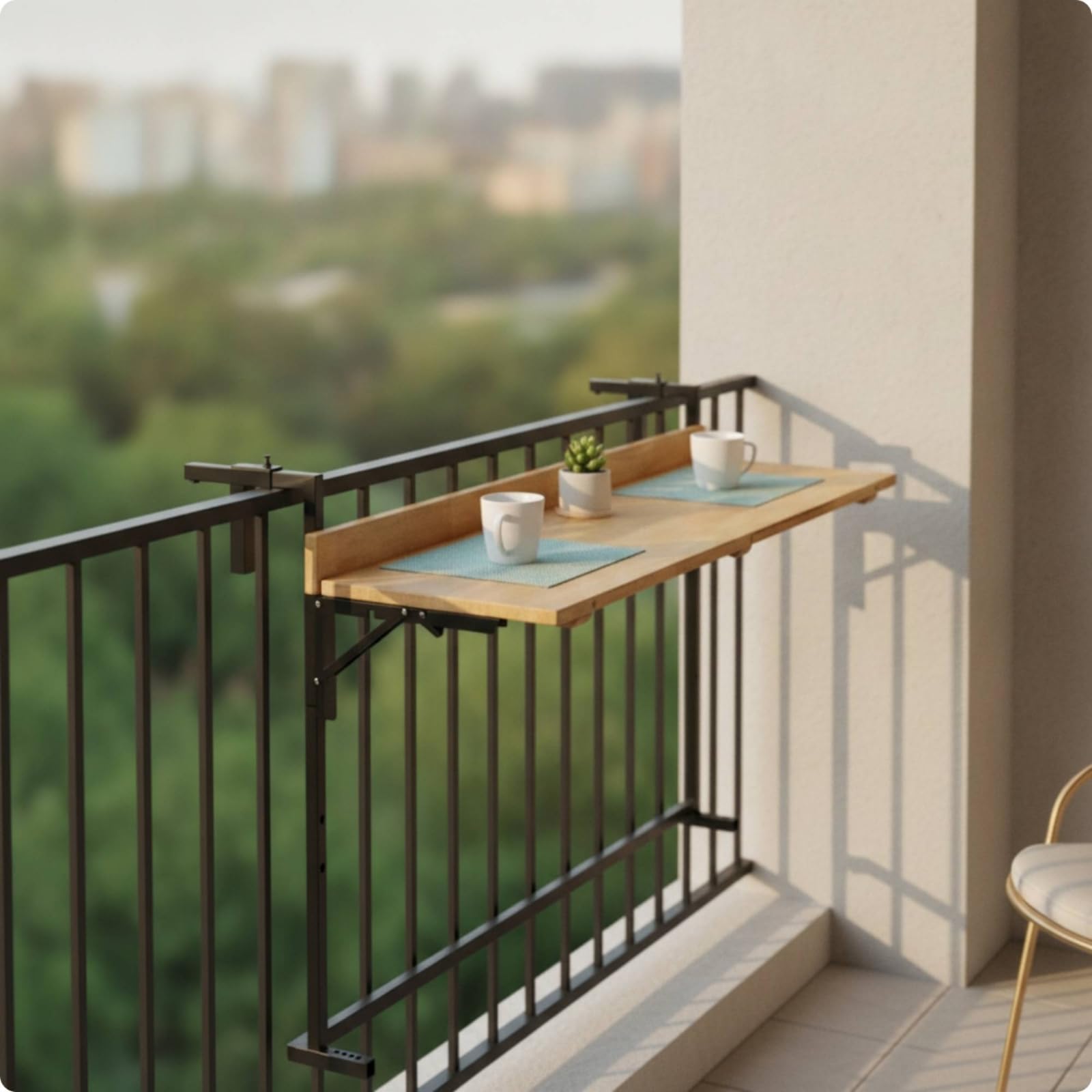 Bancone da Balcone Pieghevole Tavolo da Ringhiera Mensola Pieghevole per Esterno Tavolo Compatto in Legno E Metallo Clamp Regolabile Adatto per, 90CM