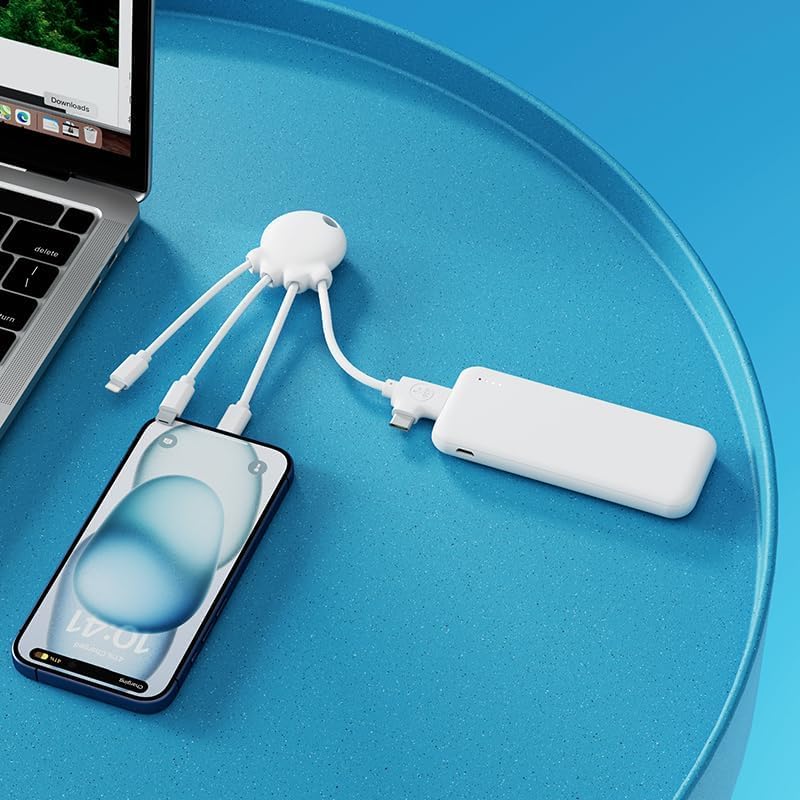 Xoopar Multi USB 4 in 1 Octopus Cable - Universal Charger in Recycled Plastic from the Oceans - USB, USB-C, Lightning, Micro USB Plugs - Compatible with All Smartphones - Octopus OBP White image 2