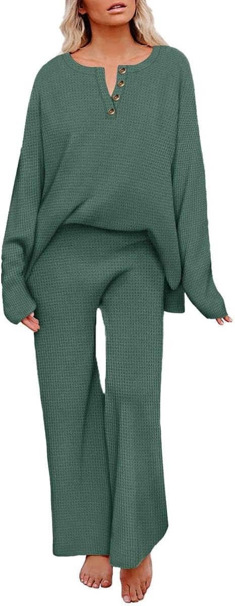 RITERA Plus Size Women 2 Piece Outfits Lounge Sets Knit Waffle Pullover Tops Wide Leg Pants Sweatsuit Pajama Sets XL-5XL