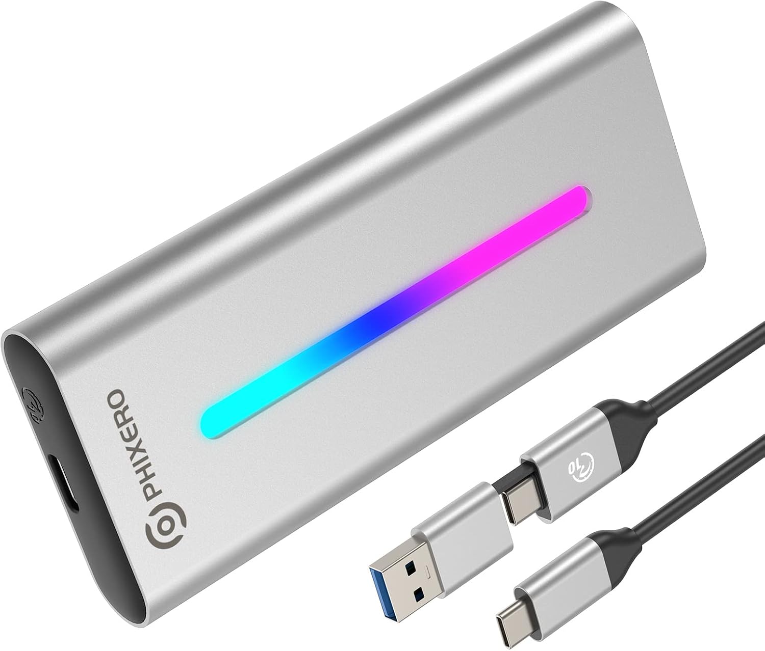 PHIXERO NVMe Enclosure, M.2 Enclosure with RGB, USB 3.2 Gen 2 [10Gbps ], Aluminum Alloy SSD Enclosure Support UASP Trim, Fits PCIe 2280/2260/2242/2230 M Key/B+M Key, up to 4TB (Silver)