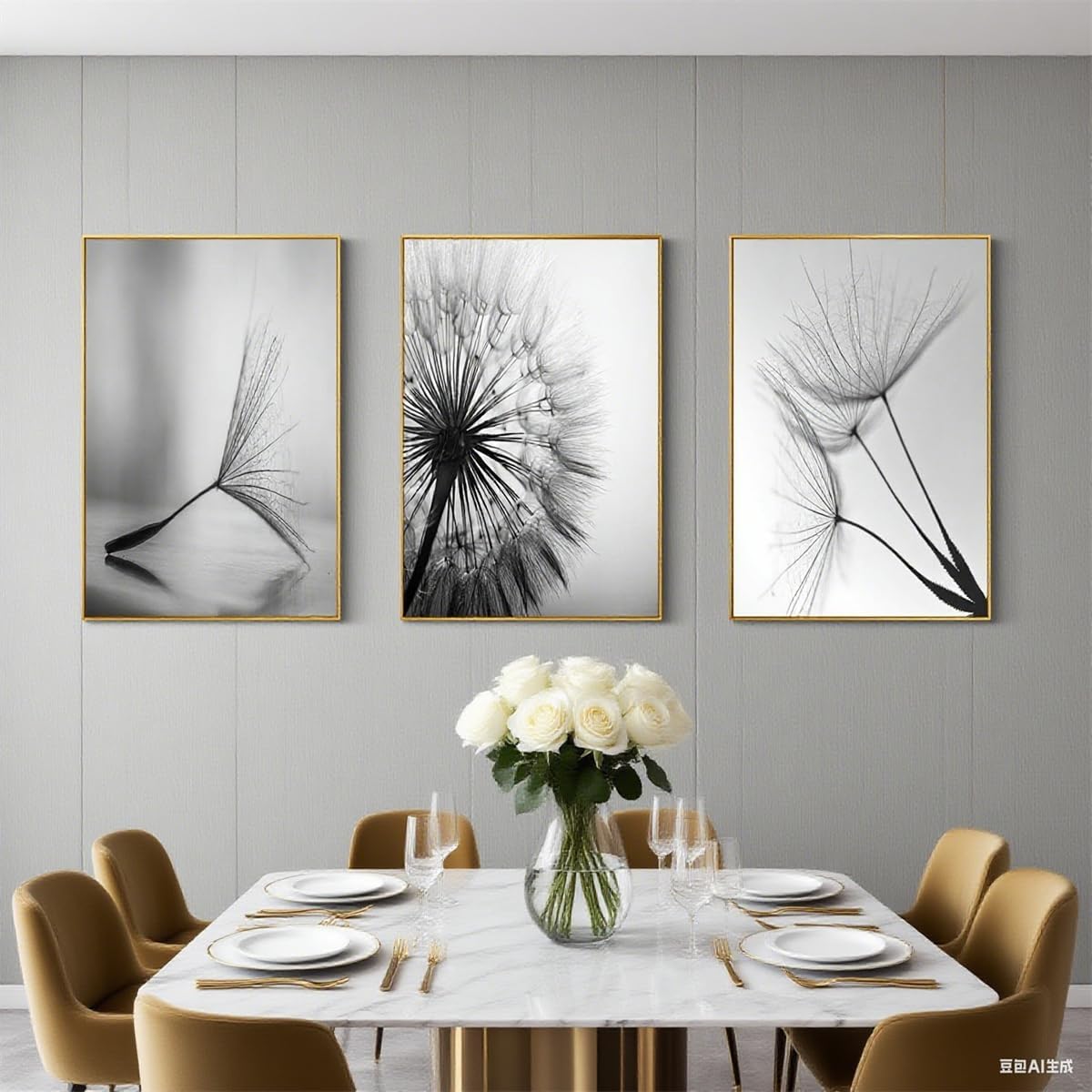 Kiddale Dandelion Wall Art, Black and White Line Drawing Canvas Print, Set of 3 Framed Posters, 16x20 inches