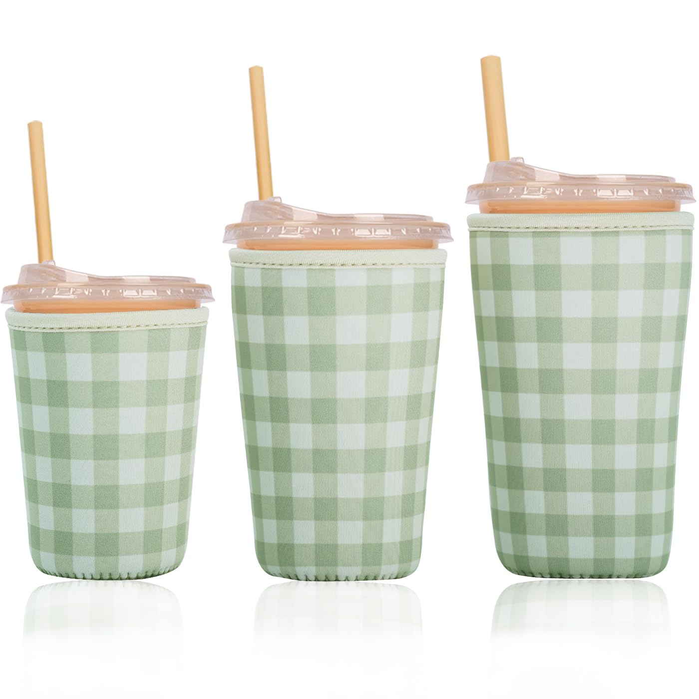 Reusable Insulated Sleeve for Iced Coffee Cup, 3-Pack Coffee Neoprene Drink Sleeve for Cold &amp; Hot Drinks, Beverage Holder for Iced Coffee (Olive Gingham)