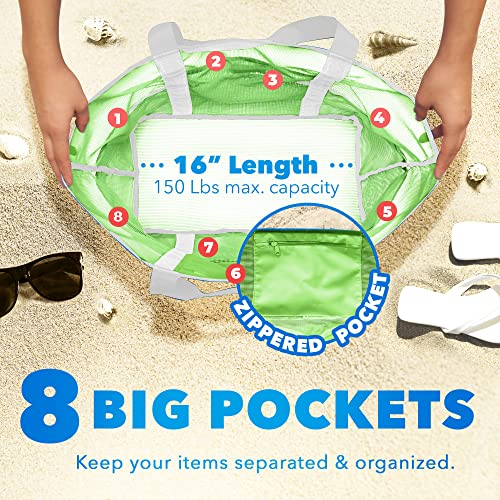 Dejaroo Mesh Sand Free Bag - Strong Lightweight Tote For Beach & Vacation Essentials. Tons of Storage with 8 Pockets, Foldable, 17x9x15 inches, Neon Green with White Straps - Thumbnail 3