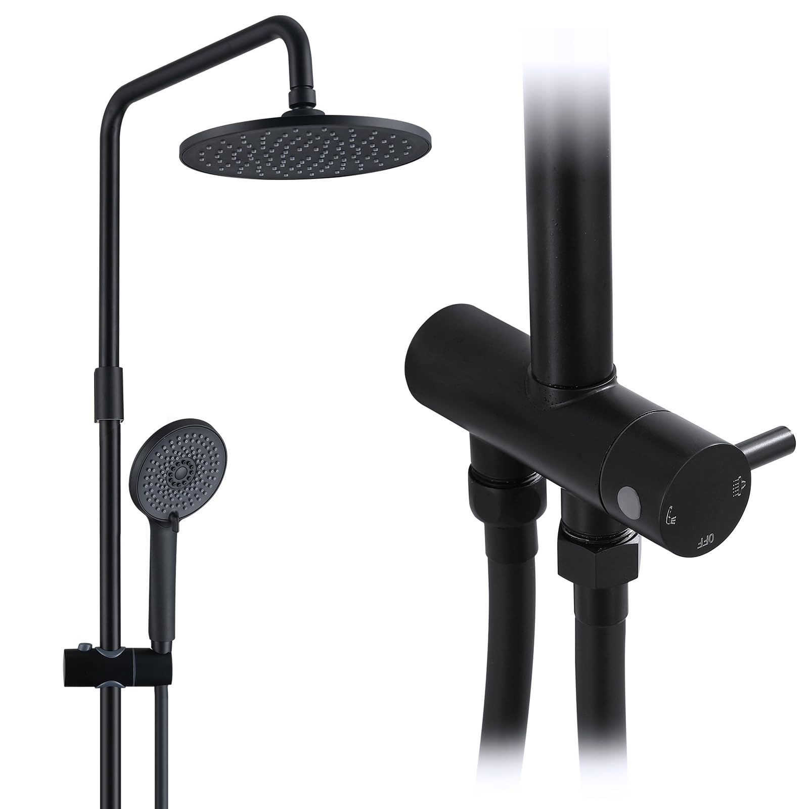 HOMELODY Regendusche Duschsystem ohne Armatur, Schwarz Handbrause mit 4 Funktionen, Edelstahl Duschset mit Kopfbrause Rund, Duschstange SUS304