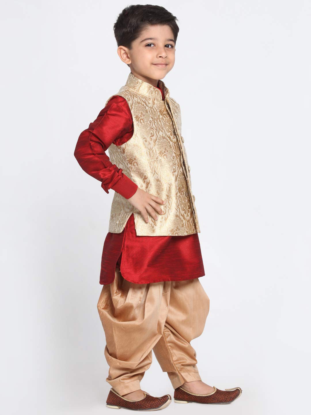 Vastramay Banarasi Brocade Woven Jacquard Nehru/Modi Jacket With Silk Pathani Kurta & Dhoti Pant Set  Traditional Ethnic Wear For Boys