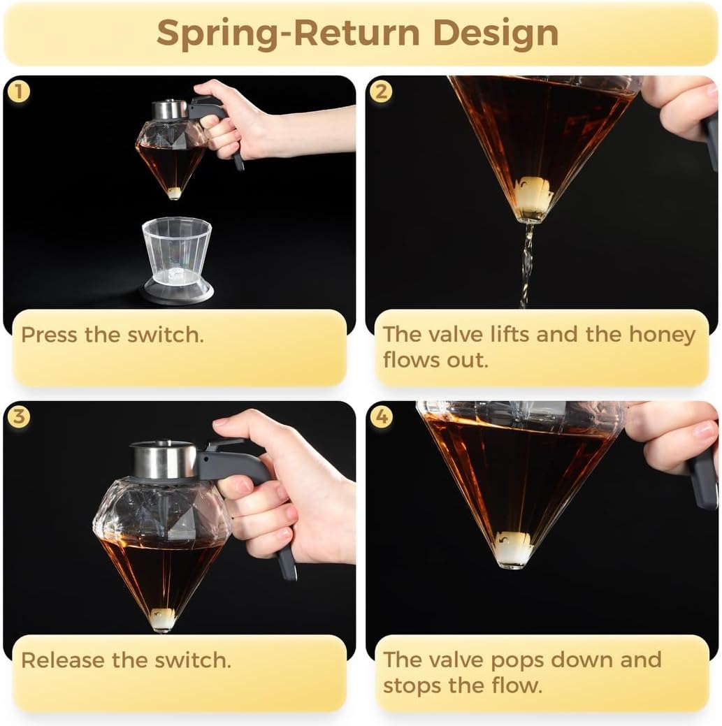 Glass Honey Dispenser With Stand, No-Drip Syrup Pot, Elegant Shaped Jar For Sauces, Oils, And Vinegar