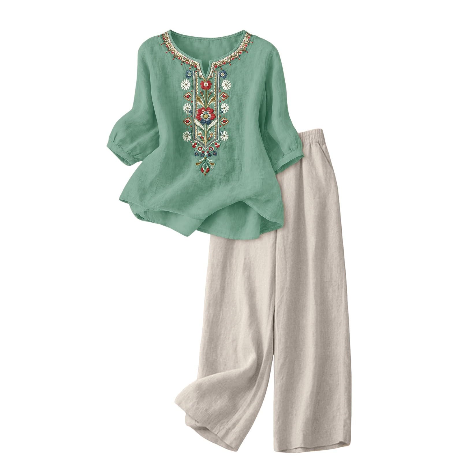 Conjunto de Mujer con Pantalones de Lino y Algodón Elegante Juego de Verano Completo Drop Shoulder Camiseta Vintage Bordado Casual dos Piezas Curvy Señora Traje de Playa para el Verano