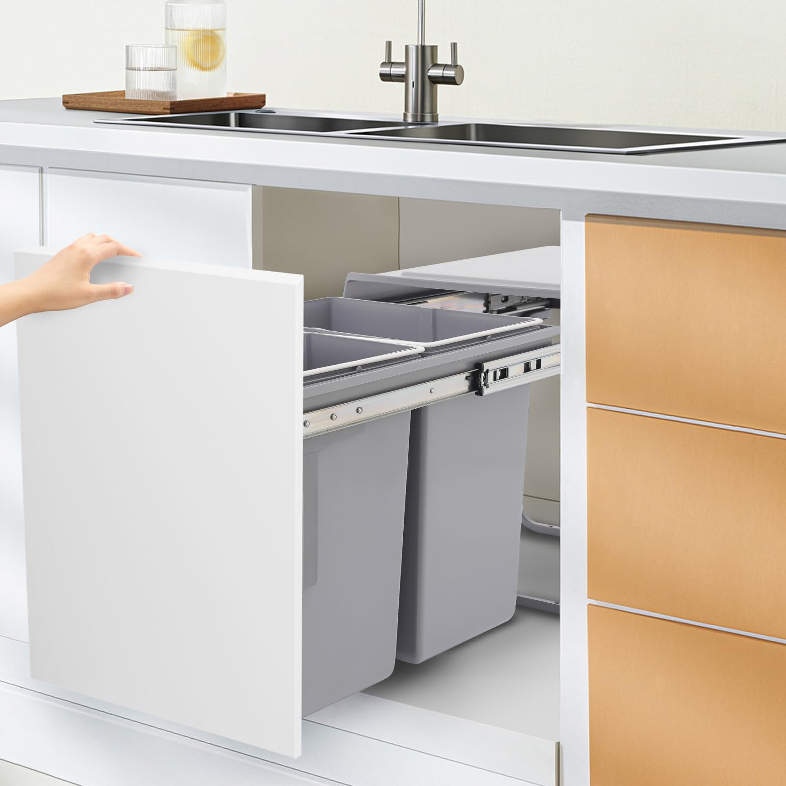 Cubo de basura extensible, sistema de separación de basura de 20 L con 2 compartimentos, cubo de basura incorporado con rieles telescópicos, cubo de basura de cocina para casas, restaurantes,