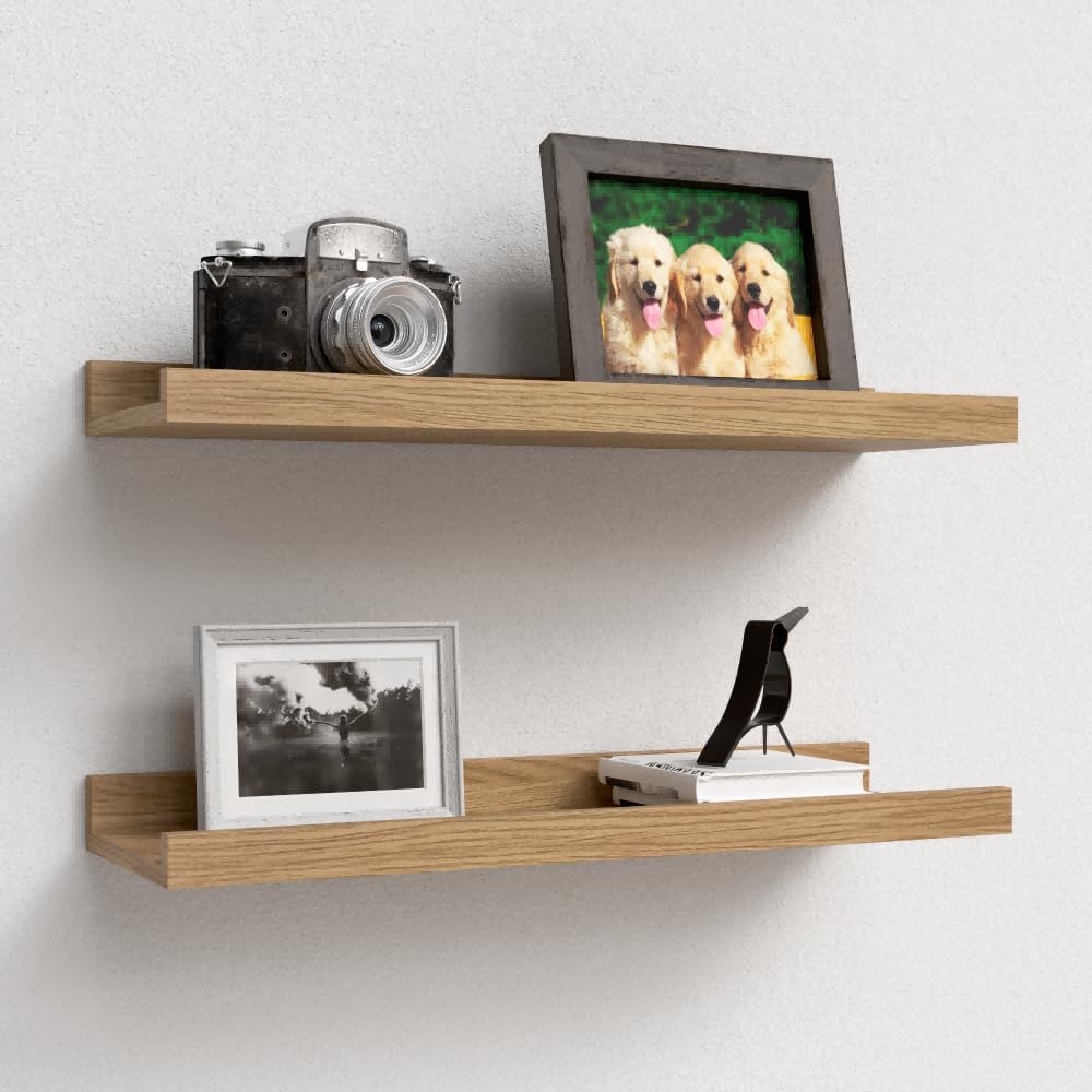 Floating Shelves Set of 2, Modern Wall Shelves with Lip, Display Picture Ledge for Bedroom, Living Room, Bathroom, Kitchen - Oak Oak 15.7 In