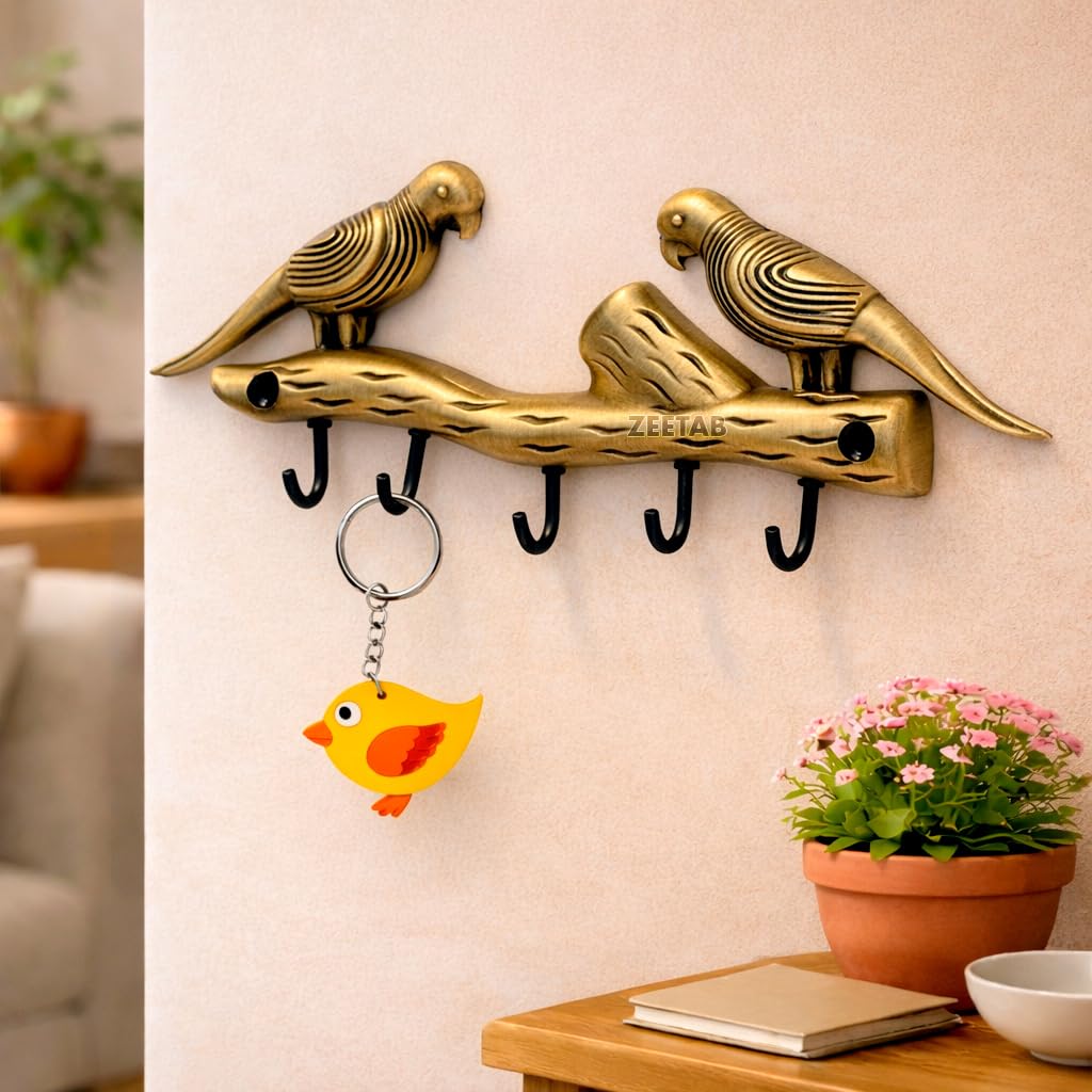 Zeetab Two Love Bird Key Holder with 5 Hooks | Parrots Brass Key Stand & Wall Mount Hanger | Home Decor & Housewarming Gift 21x7cm (Antique)-image-47