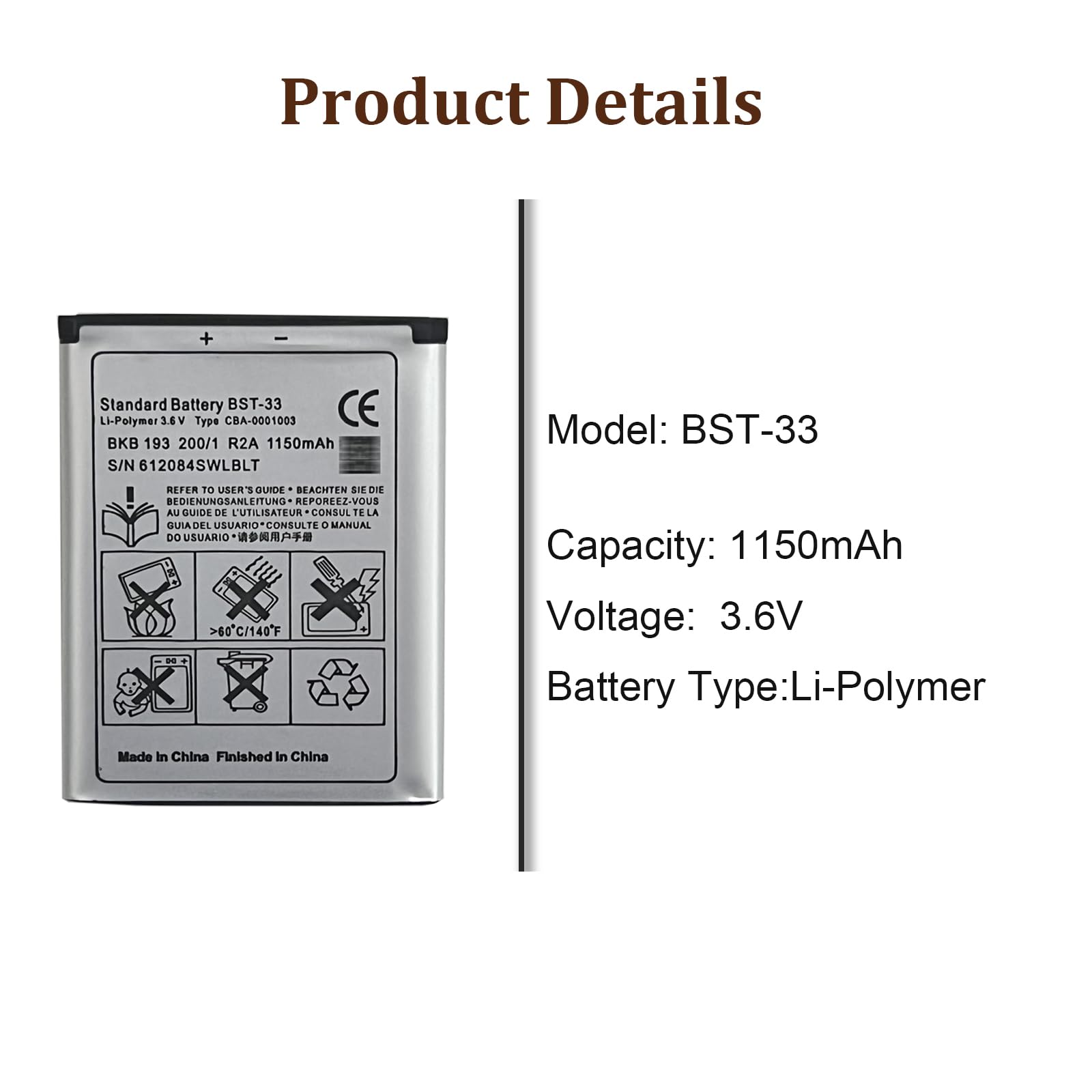 HIGHAKKU Batería De Repuesto BST-33 Compatible Con So-NY-Ericsson W950 J105i, K800i, U1i, U10i, W100i, X5 CBA-0001003