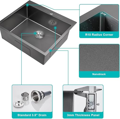 Miniatura 26 de Fregadero de cocina pequeño de acero inoxidable con caída de 20 pulgadas, níquel cepillado, 20 pulgadas de profundidad x 16 pulgadas de ancho x 9