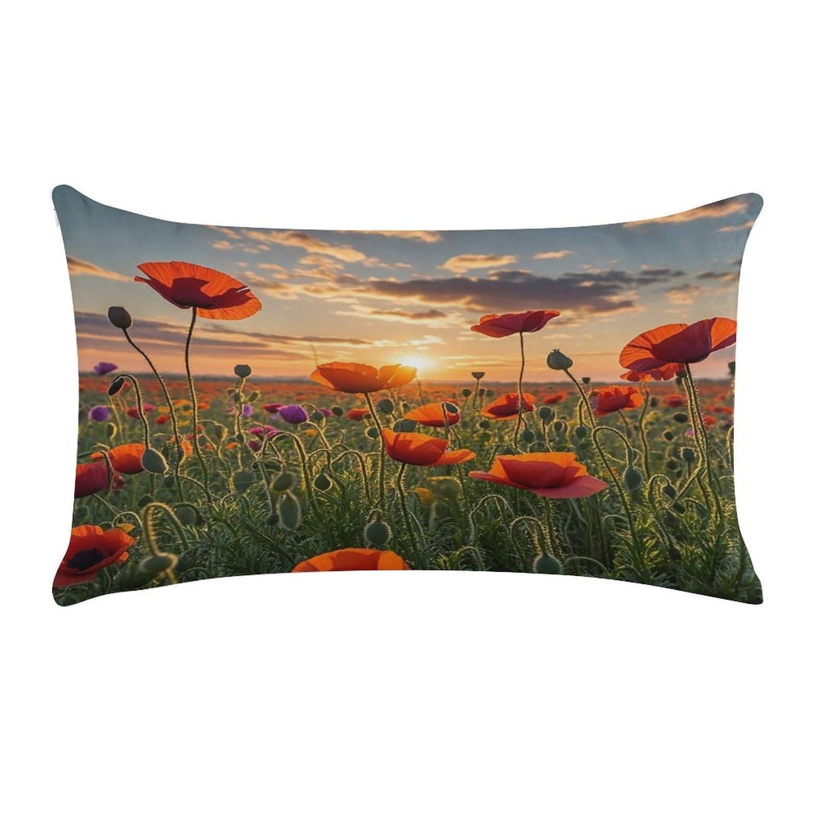 FekiLoot Red Poppy Flower Field in Sunset Throw Pillow Covers Short Plush Rectangular Pillowcase with Zipper Cozy Cushion Cases Ultra Soft Lumbar Pillow Shells for Chair Sofa Home Decor 12" X 20"