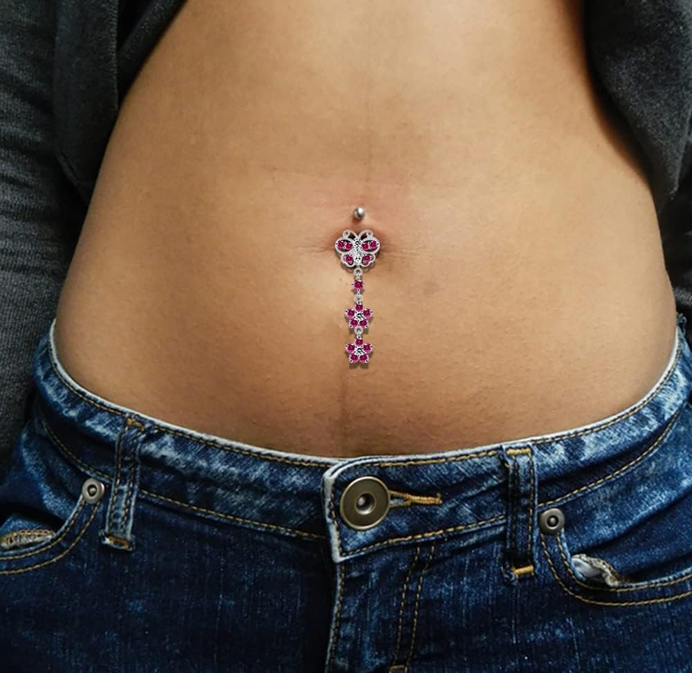 Stylish Butterfly with 2 Flower Dangling Design 925 Sterling Silver with Stainless Steel Belly Ring - Belly Button jewelry - Navel jewelry