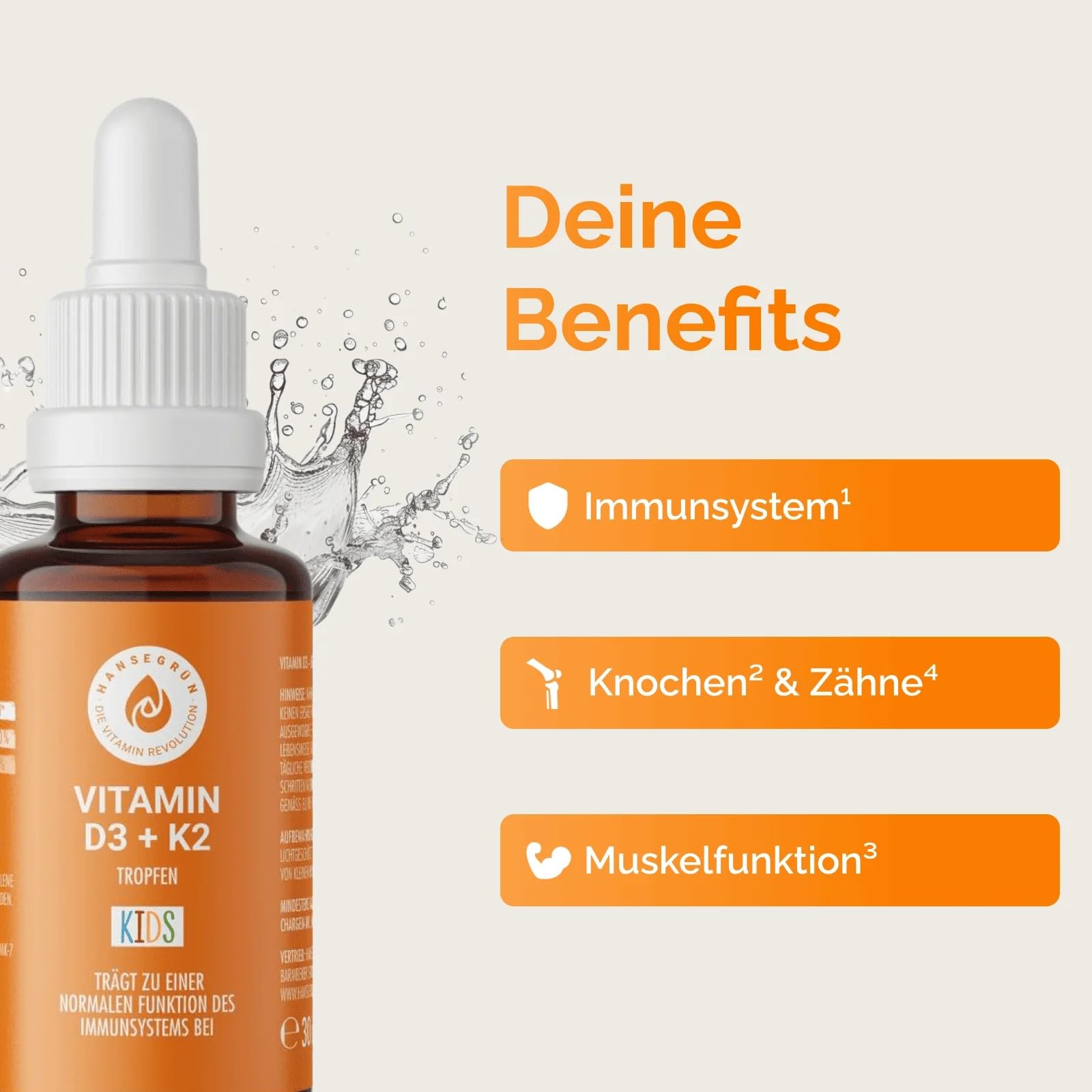 Hansegrün - 3x Vitamintropfen D3K2 Kids - 30ml - Trägt zu einer normalen Funktion des Immunsystems¹ & Knochen² bei - Nur 3 Zutaten - Vegan & ohne Zusatzstoffe - Optimale Aufnahme - Für 1000 Tage