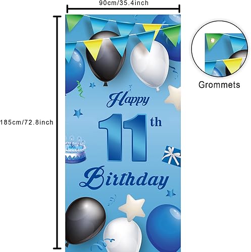 Miniatura 8 de Cartel azul de feliz cumpleaños 12, globos de fondo con estrellas, confeti y saludos a los 12 años, decoración temática de puerta, porche, regalos