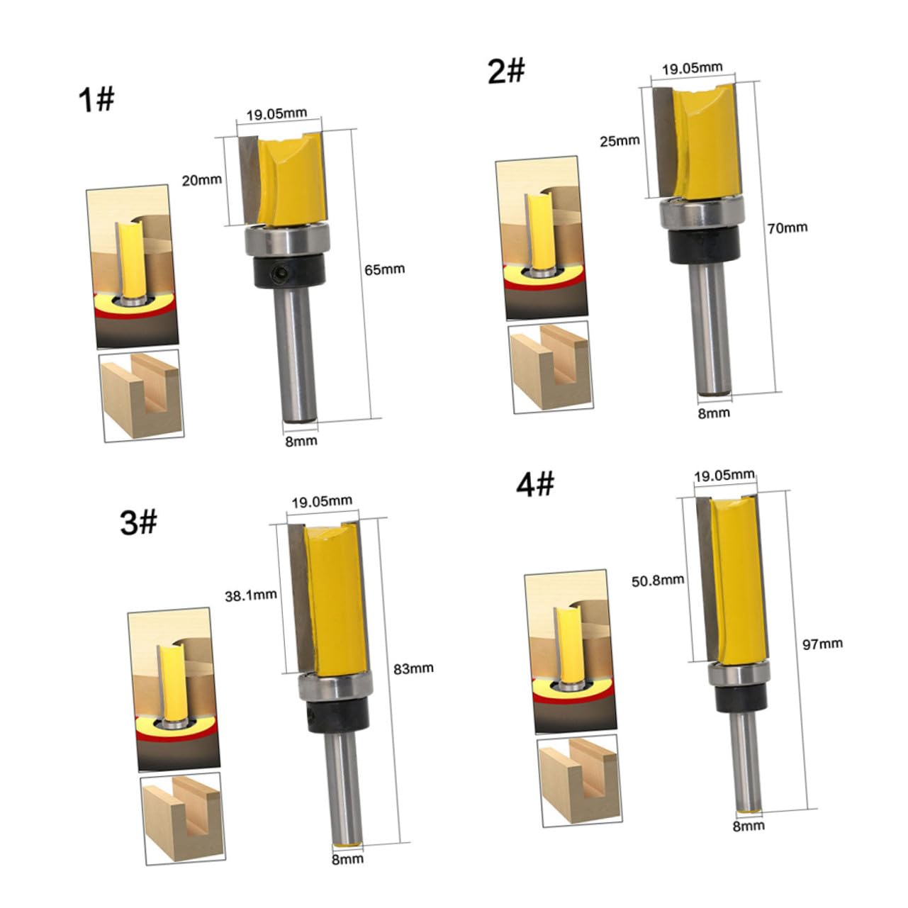 4pcs Flush Trim Router Bits Woodworking Trimming Milling Tool for Edging Grooving Carving Wood MDF Plywood Alloy Construction for Precision and Durability