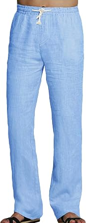 Youhan Mens Fitted Elastic Waistband Cotton Linen Pants with Drawstring