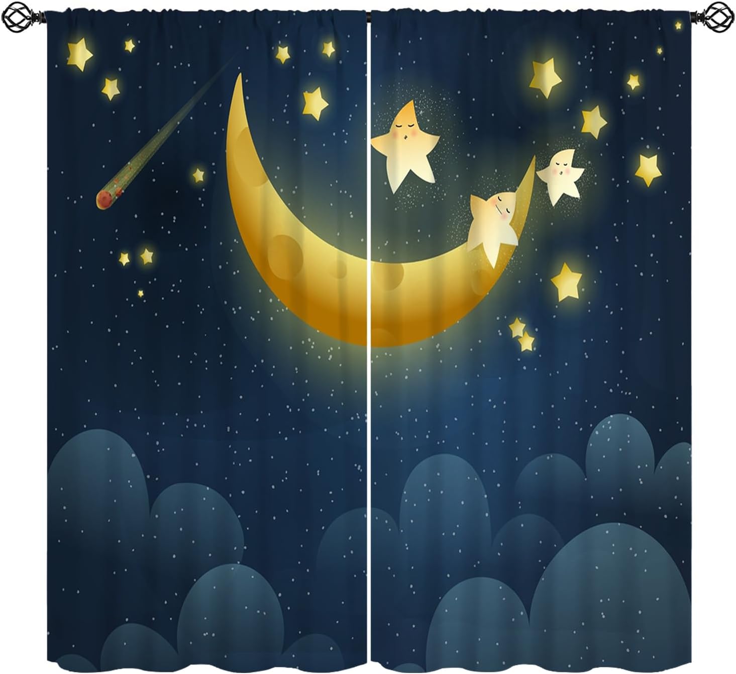 Clouds Curtains, Golden Moon Sleeping Shiny Stars Pattern Blackout Window Treatments, Rod Pocket Thermal Insulated Drapes 2 Panels Set for Children Bedroom Living Room Nursery, 42" W X 45" L