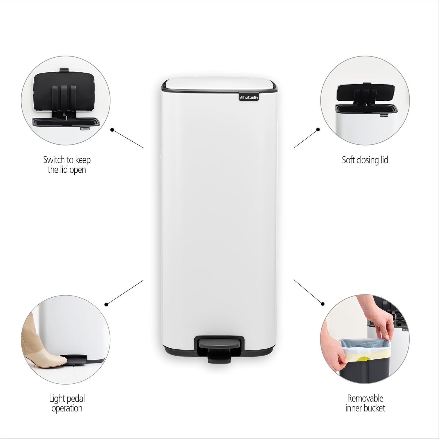Brabantia Pattumiera a pedale Bo 30L (Matt Black), Pattumiera con pedale e coperchio a chiusura soft, Secchio spazzatura facile da pulire con secchio interno rimovibile e sacchetti PerfectFit inclusi