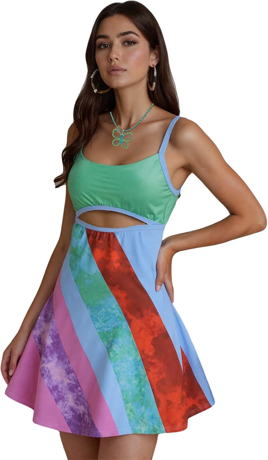 Womens Vintage Print Rainbow Sexy Sheath Dress Adjustable Slip Dress Y2K Retro Bodycon with Butterfly Choker Necklace - Image 2
