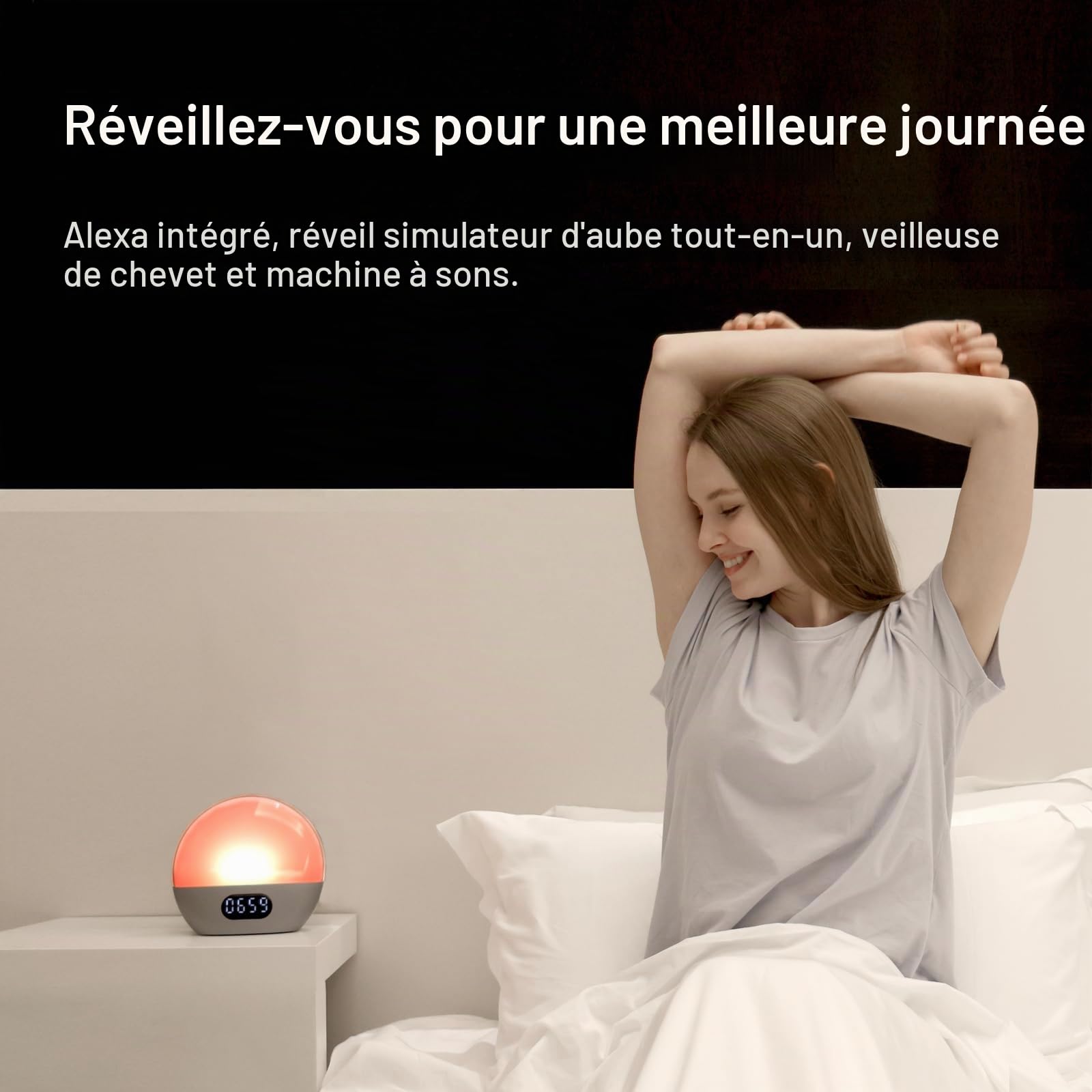 WiiM Lampe d'éveil, Alexa intégrée, Choix de Sons illimités, réveil Matin Tout-en-Un, Machine à Sons, routines de Sommeil et Plus (Argent Poli)