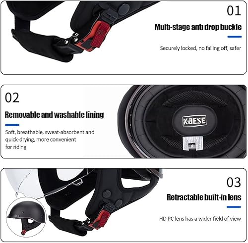 Miniatura 5 de Casco Medio Retro Alemán Homologado DOT - Diseño Abierto Con Gafas UV400 Y Hebilla Rápida, Protección Unisex para Motocicleta