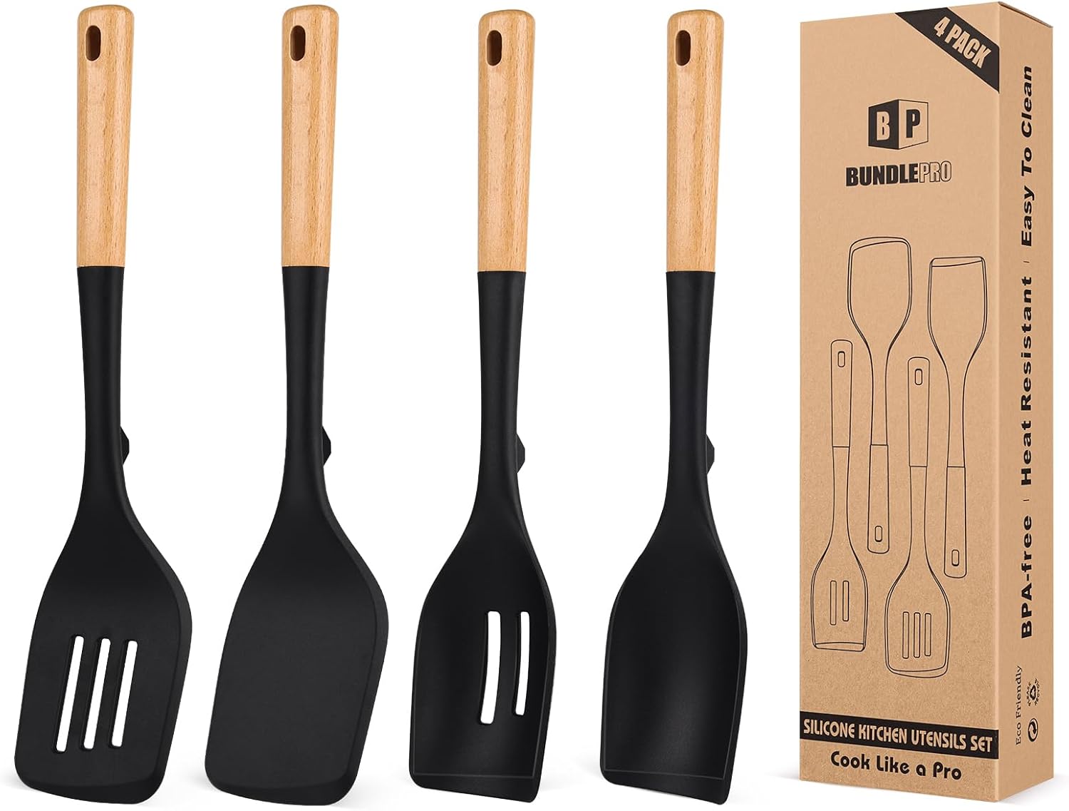 Pack of 4 Silicone Kitchen Utensils Set, Non Stick Solid Spatulas and Heat Resistant Slotted Spoons with Wooden Handle, Ideal BPA Free Cooking Utensils for Mixing,Serving,Turning,Stirring(BLACK) Pack of 4 Silicone Kitchen Utensils Set, Non Stick Solid Spatulas and Heat Resistant Slotted Spoons with Wooden Handle, Ideal BPA Free Cooking Utensils for Mixing,Serving,Turning,Stirring(BLACK)