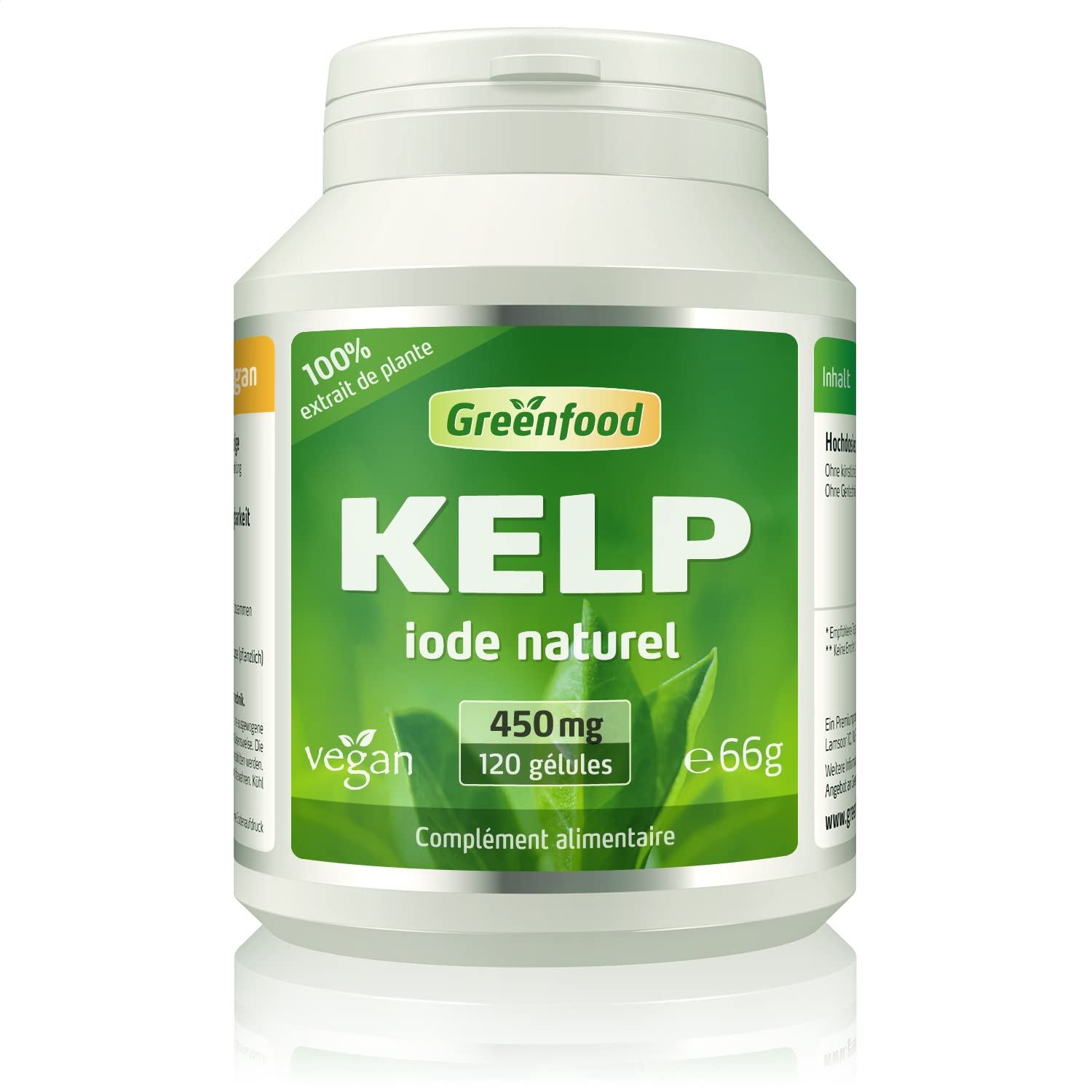 Greenfood Kelp, 450 mg, 120 gélules - pour source naturelle d'iode et la production normale d'hormones thyroïdiennes et à une fonction thyroïdienne normale. Vegan.