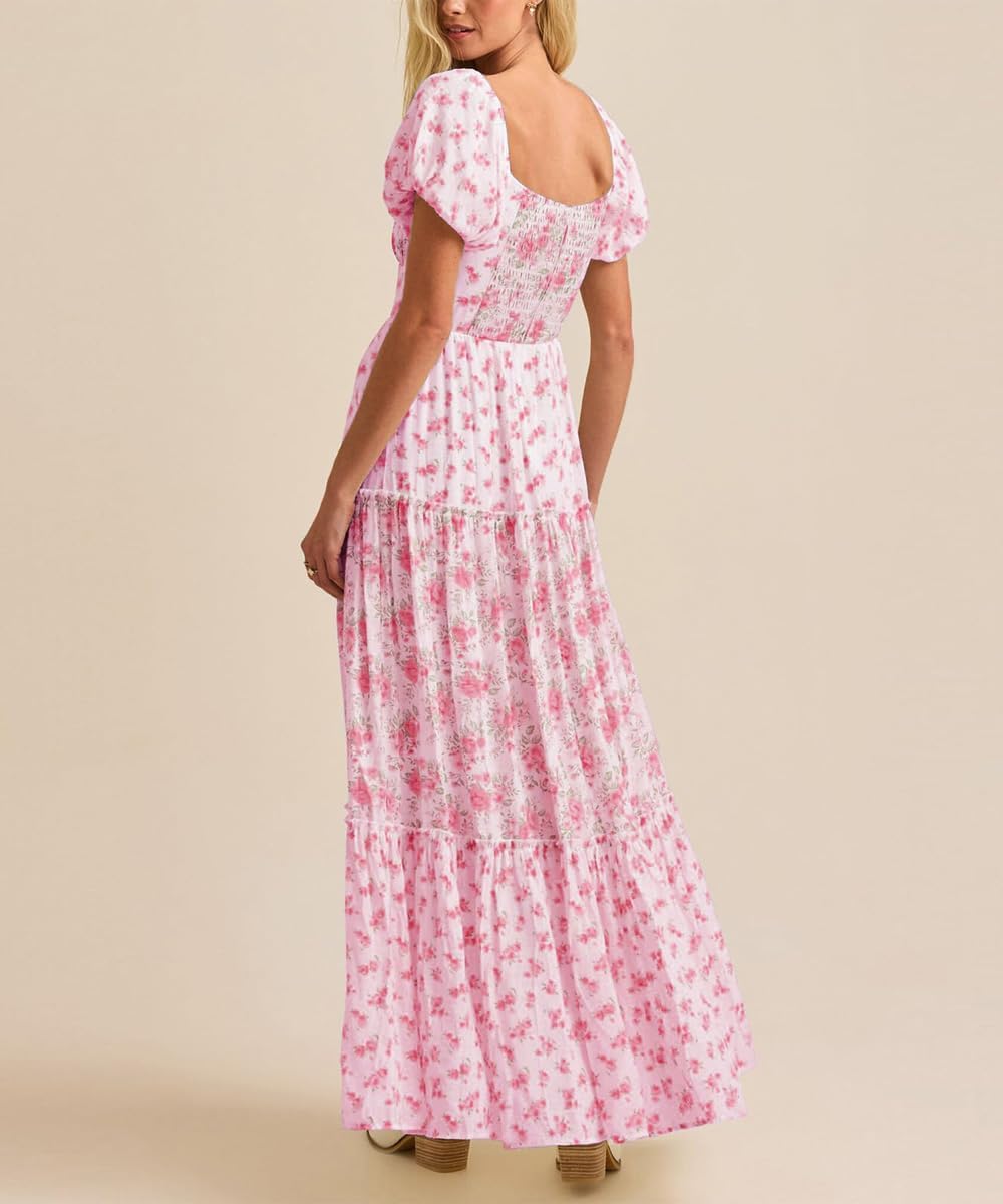 Women's Boho Floral Dress Lace Patchwork Maxi V Neck Puff Sleeve Backless Sundress Tiered Ruffle Hem Dresses,Pink,S - Image 3
