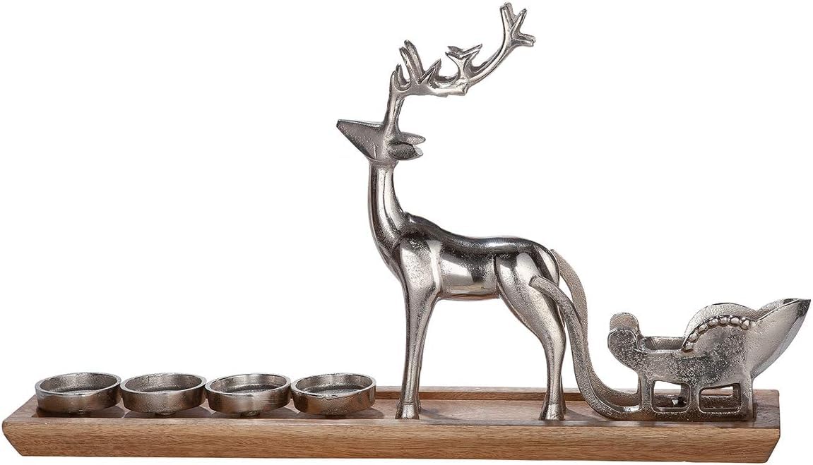 GILDE Deko großer Adventsleuchter XL – Advent Kranz Kerzen Halter modern – Adventkranz Deko Hirsch mit Schlitten – Leuchter für 4 Kerzen Farbe: Silber Braun Breite: 64 cm