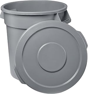 Feed and Seed Storage Container, 10 Gallon Gray Round Commercial Trash Can and Lid, Food Storage Plastic Bin, Use in Agricultural, Gardening, or Household