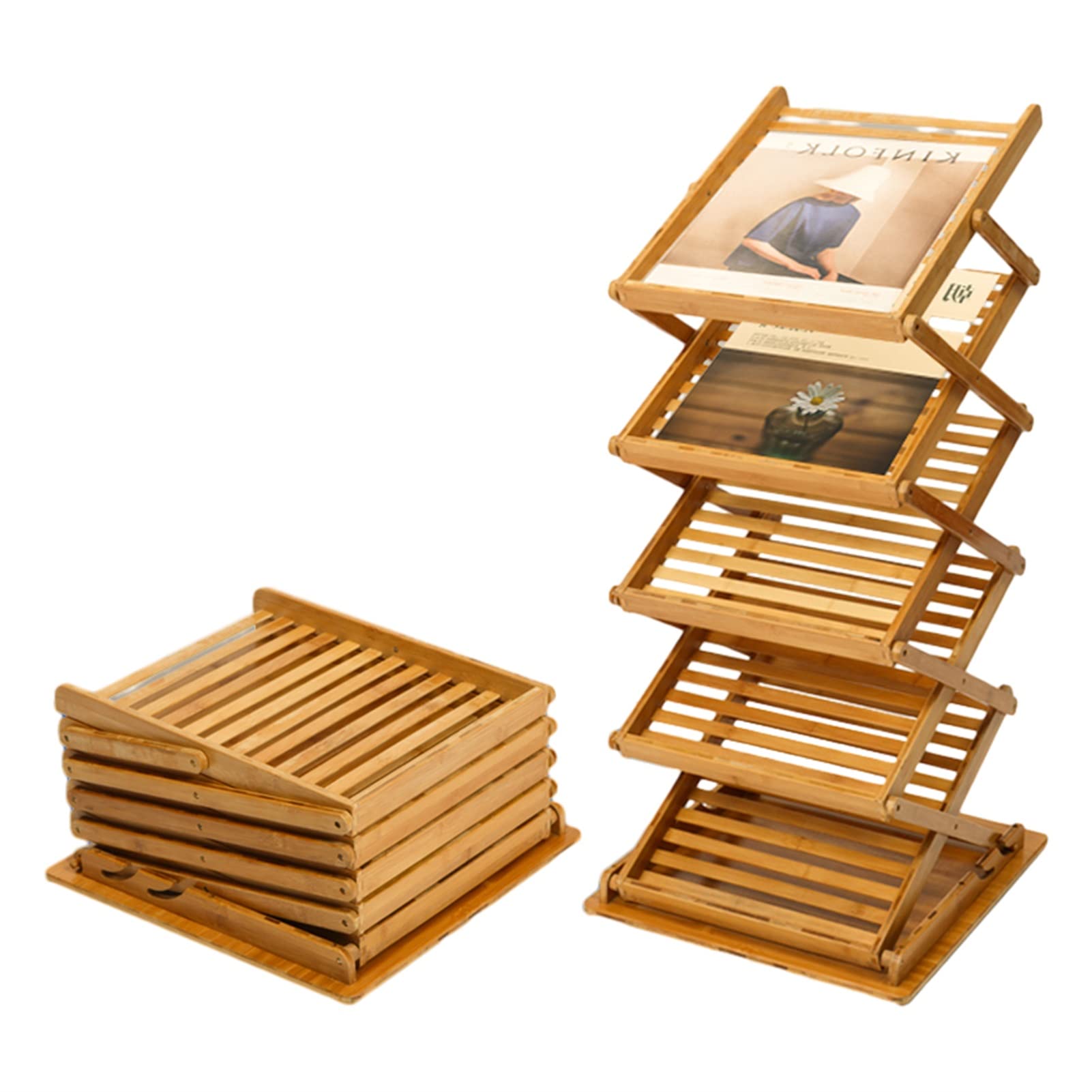 Bamboo A3 Foldable Brochure Stand 5 Level Magazine File Holder for Office Display Bookshelf Magazine Rack for Literature Storage (Size: A3)